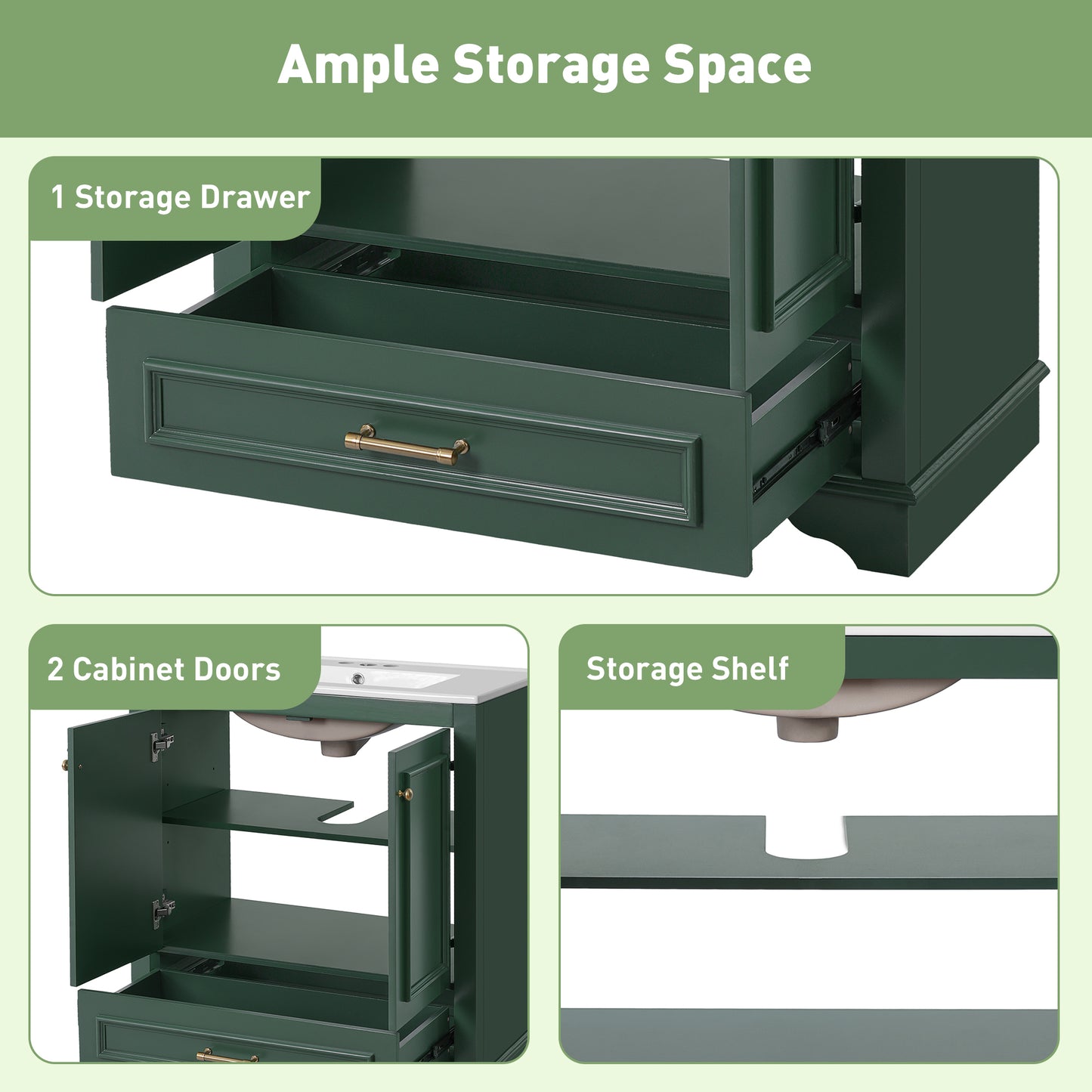 Solid Wood Green Bathroom Vanity with Ceramic Sink and Storage