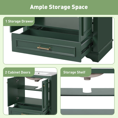 Solid Wood Green Bathroom Vanity with Ceramic Sink and Storage
