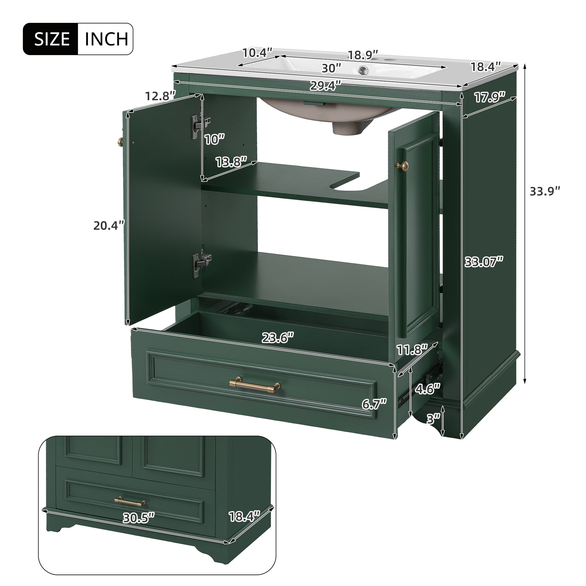 Solid Wood Green Bathroom Vanity with Ceramic Sink and Storage