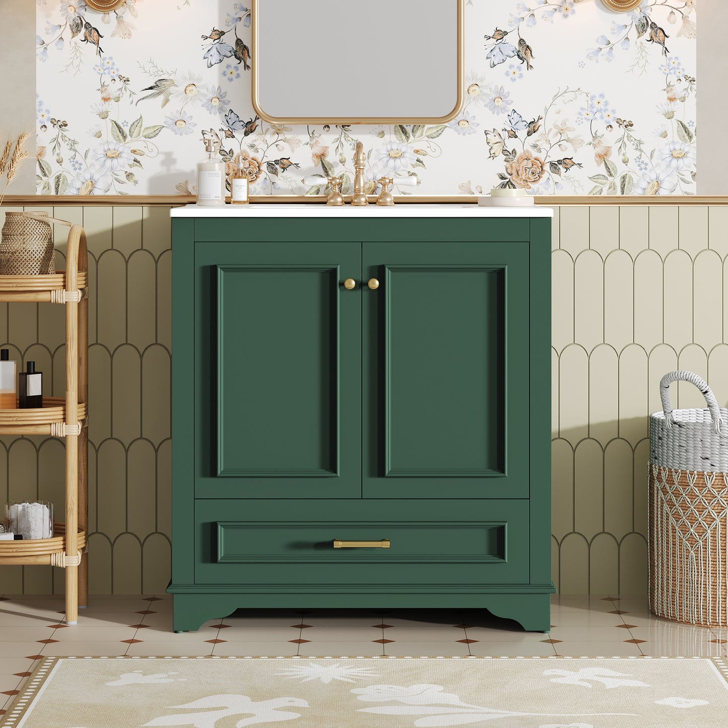 30" Luxurious Bathroom Vanity with Ceramic Sink, Bathroom Vanities Cabinet with 2 large Soft Closing Doors, Solid Wood Frame Bathroom Storage Cabinet