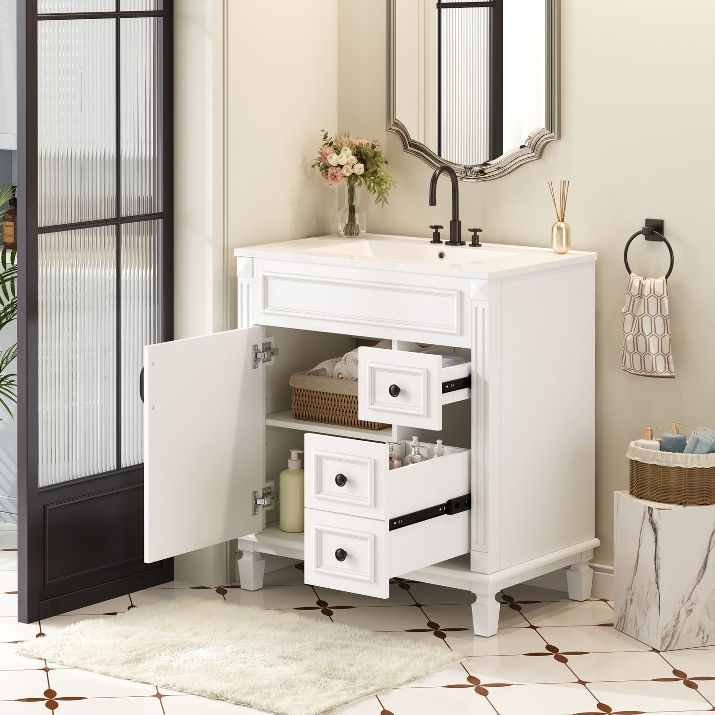 White Ceramic Bathroom Vanity - 30" Small Sink Cabinet