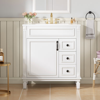 White Ceramic Bathroom Vanity - 30" Small Sink Cabinet