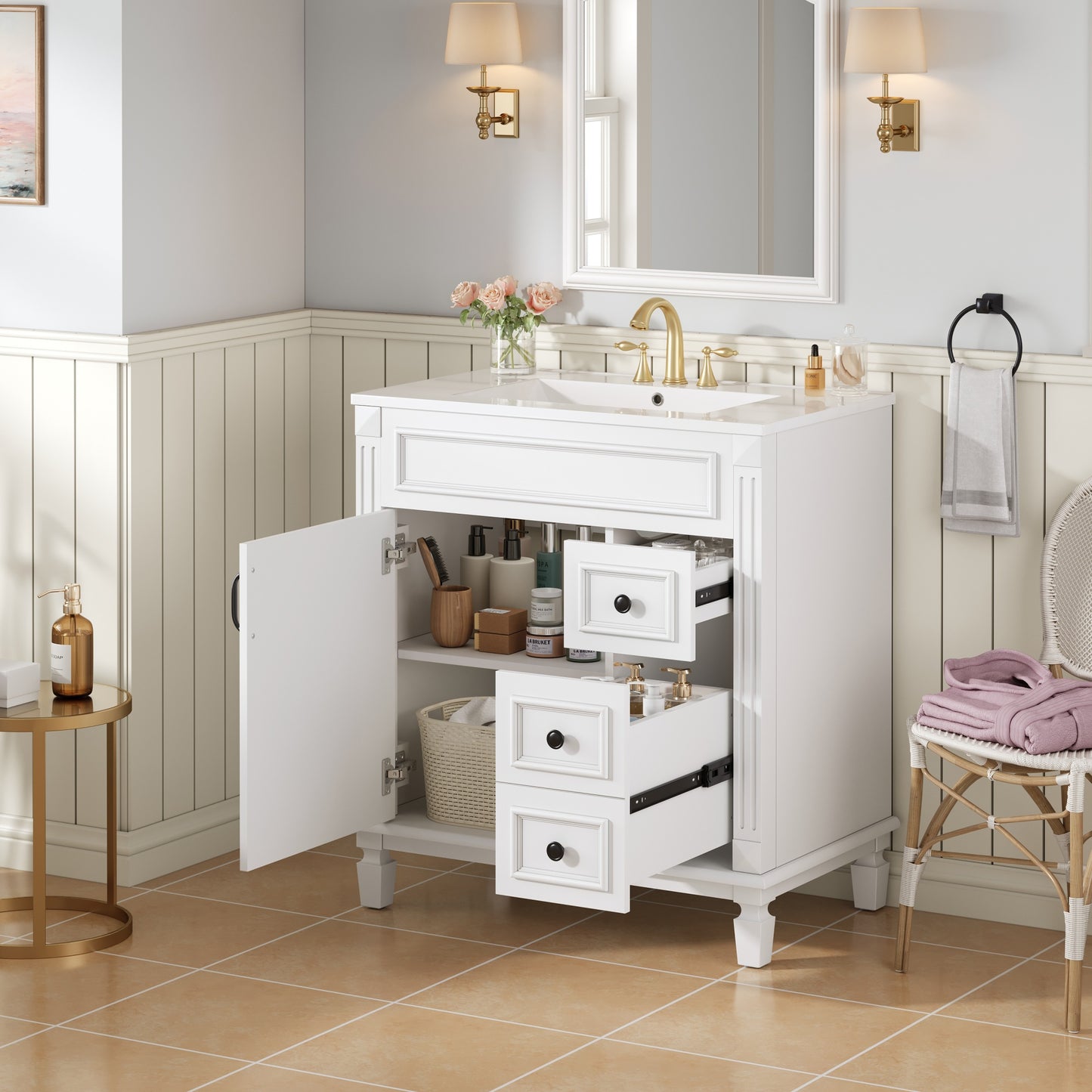 White Ceramic Bathroom Vanity - 30" Small Sink Cabinet