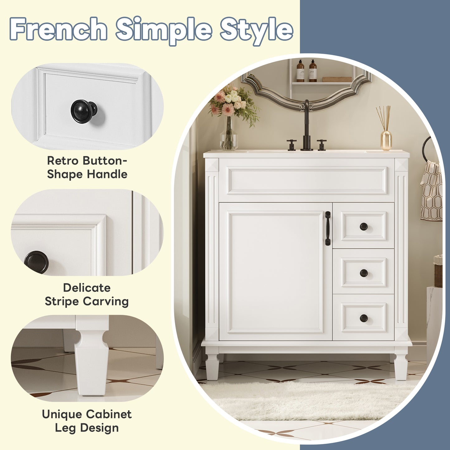 White Ceramic Bathroom Vanity - 30" Small Sink Cabinet