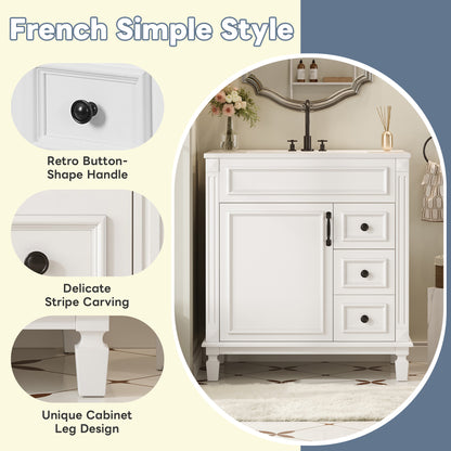 White Ceramic Bathroom Vanity - 30" Small Sink Cabinet