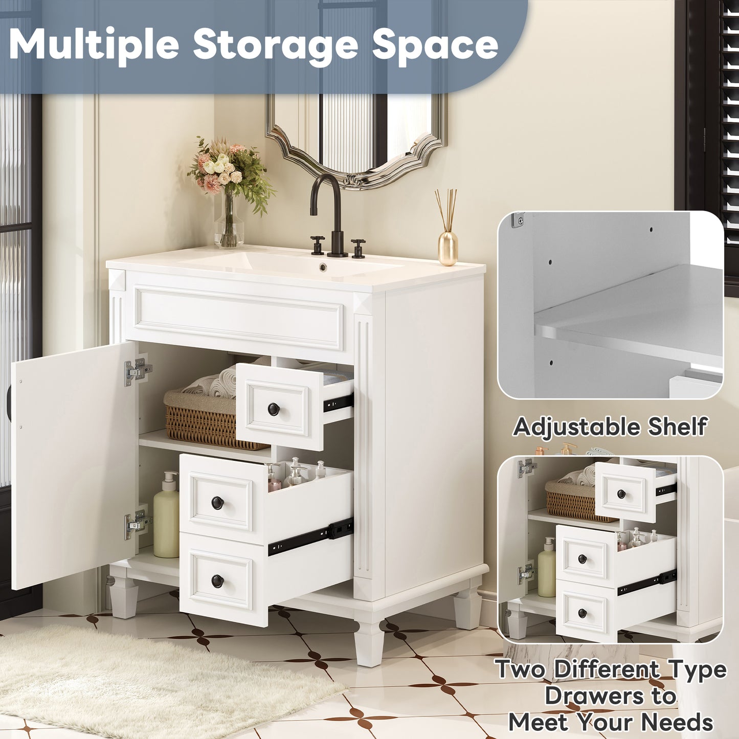 White Ceramic Bathroom Vanity - 30" Small Sink Cabinet