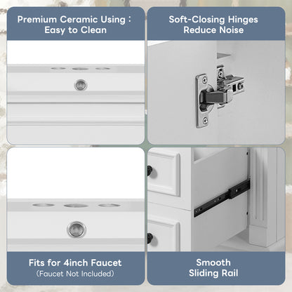 White Ceramic Bathroom Vanity - 30" Small Sink Cabinet