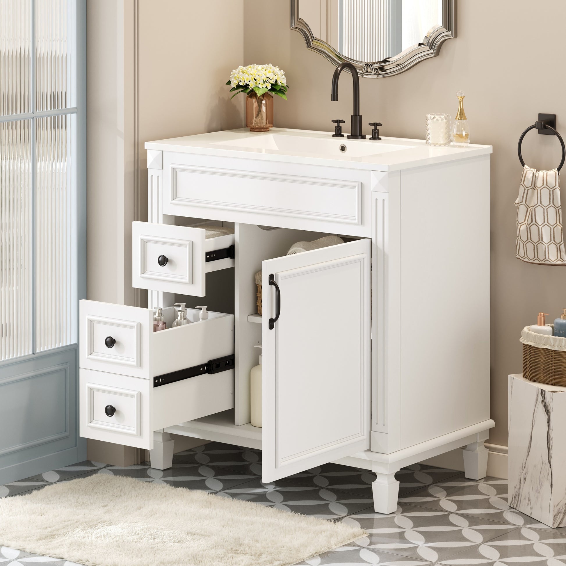 White Ceramic Bathroom Vanity - 30" Modern Sink Cabinet