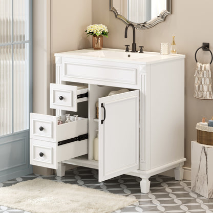 White Ceramic Bathroom Vanity - 30" Modern Sink Cabinet