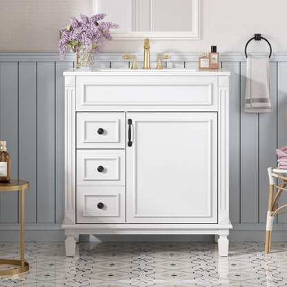 White Ceramic Bathroom Vanity - 30" Modern Sink Cabinet