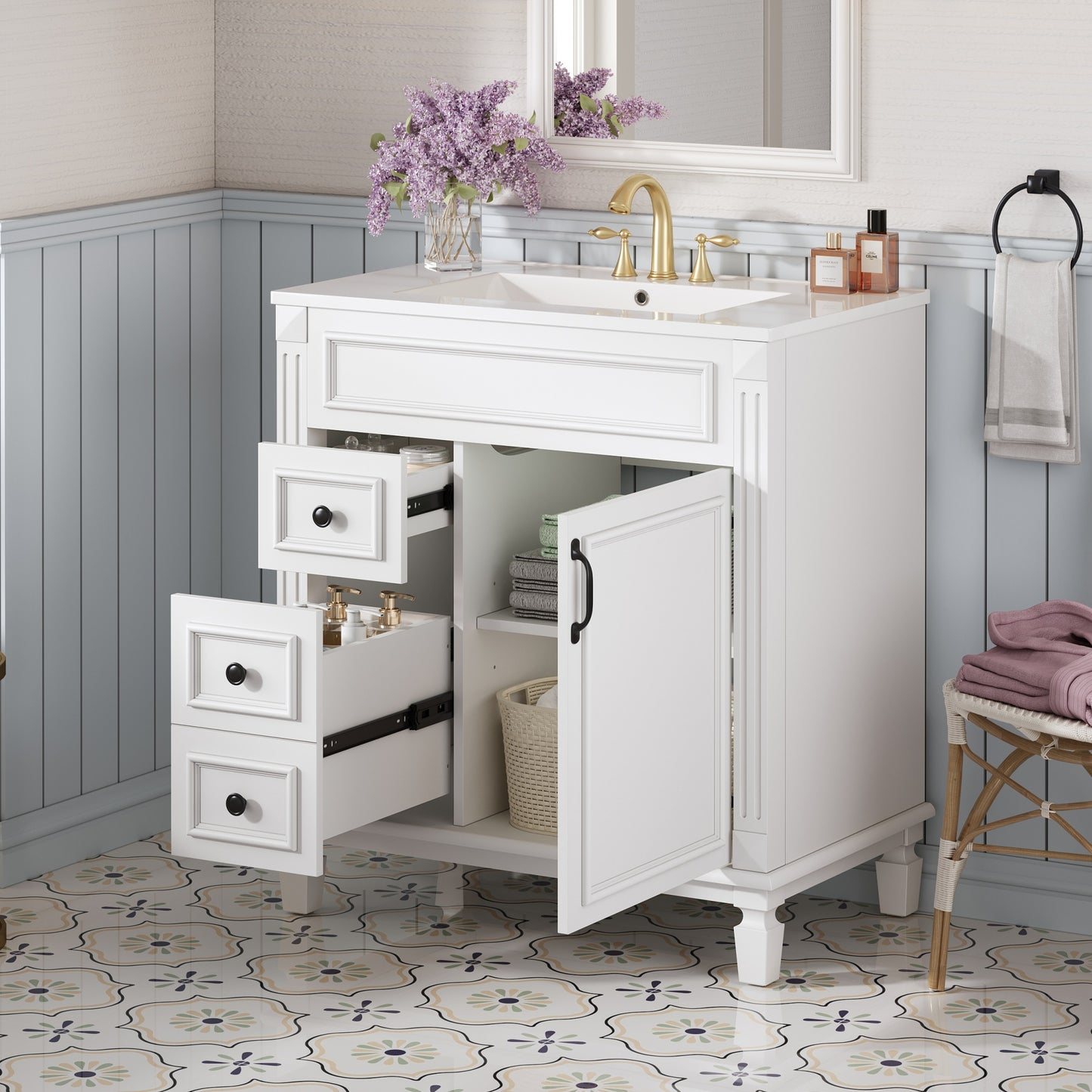 White Ceramic Bathroom Vanity - 30" Modern Sink Cabinet