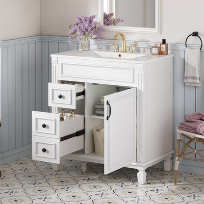 White Ceramic Bathroom Vanity - 30" Modern Sink Cabinet