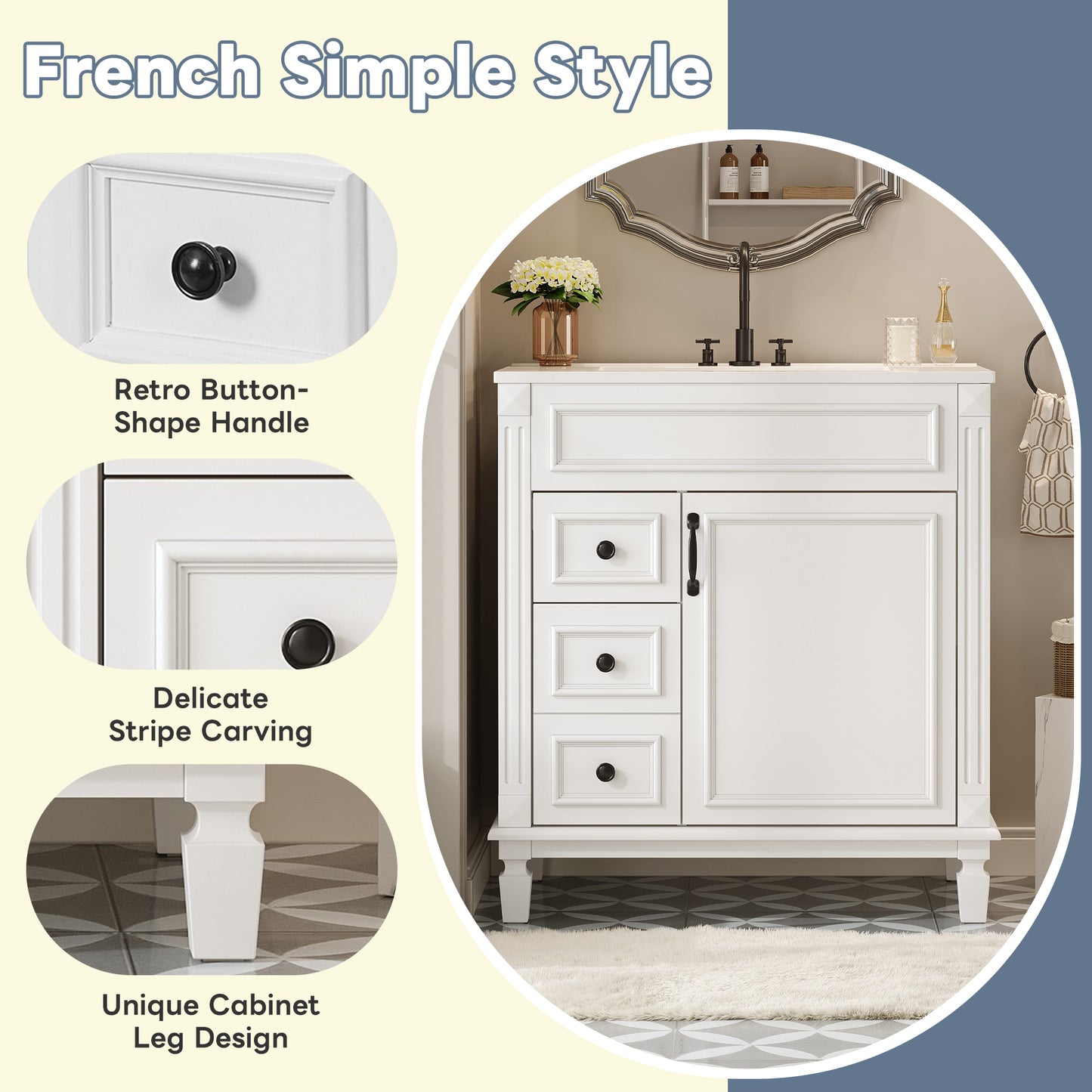 White Ceramic Bathroom Vanity - 30" Modern Sink Cabinet