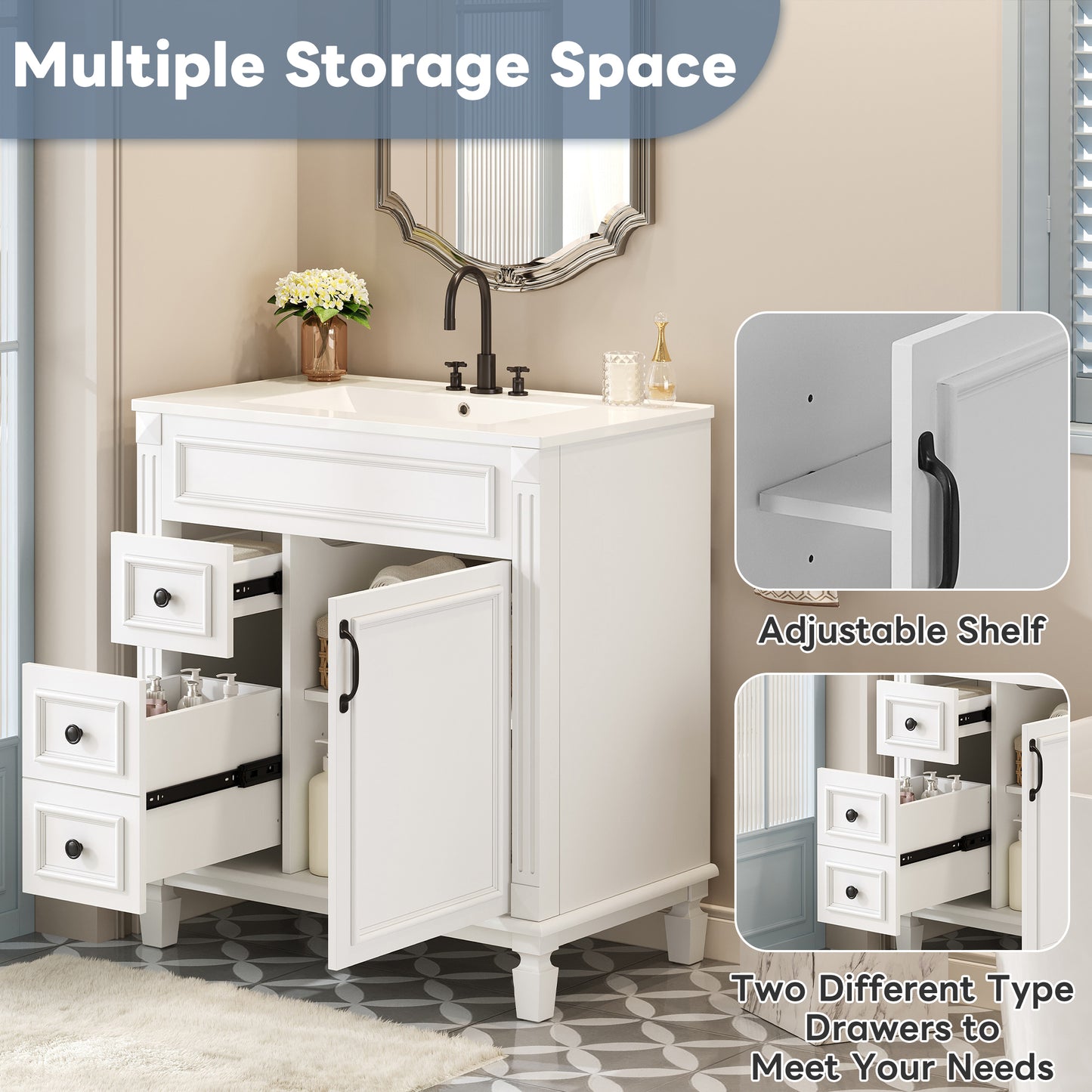 White Ceramic Bathroom Vanity - 30" Modern Sink Cabinet
