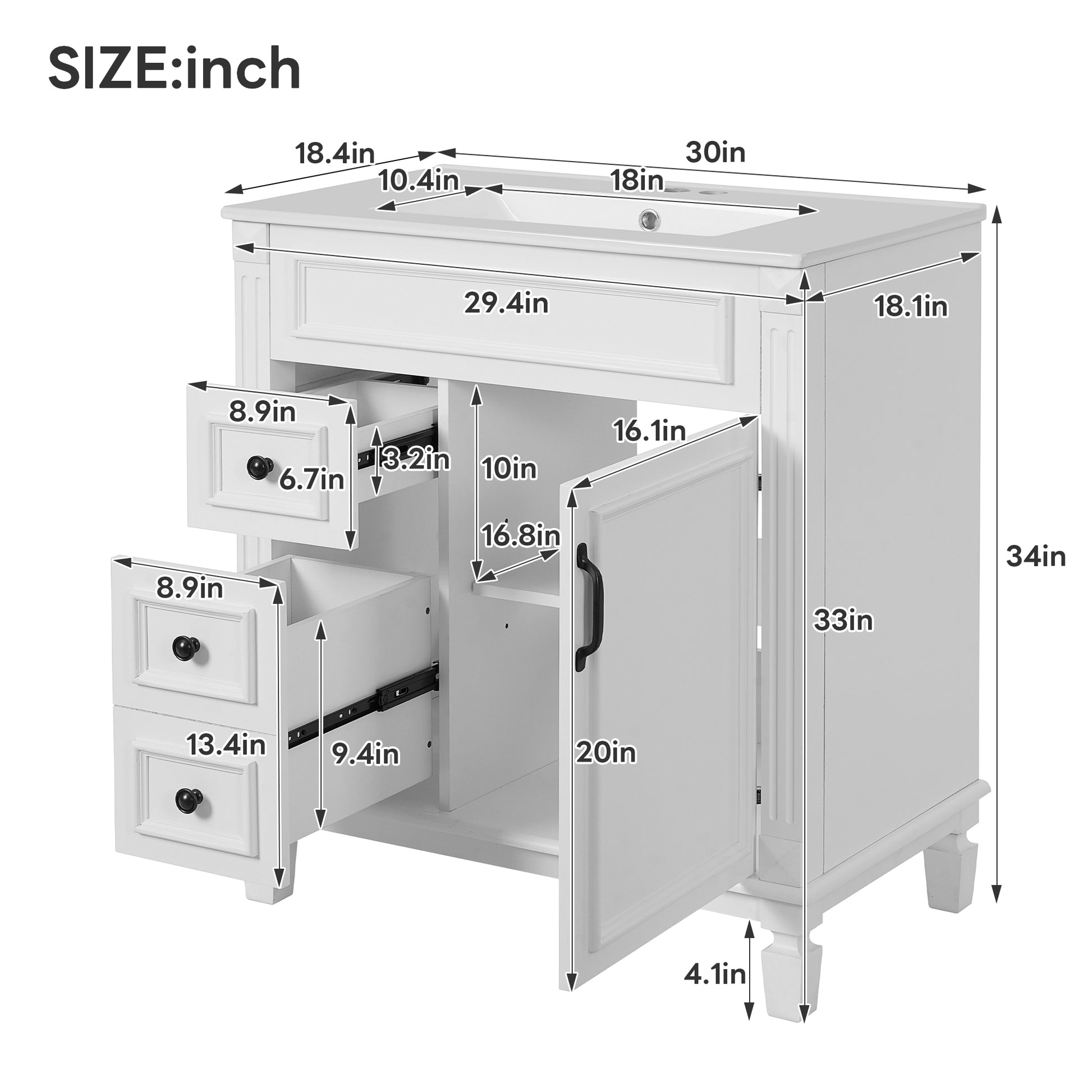 White Ceramic Bathroom Vanity - 30" Modern Sink Cabinet