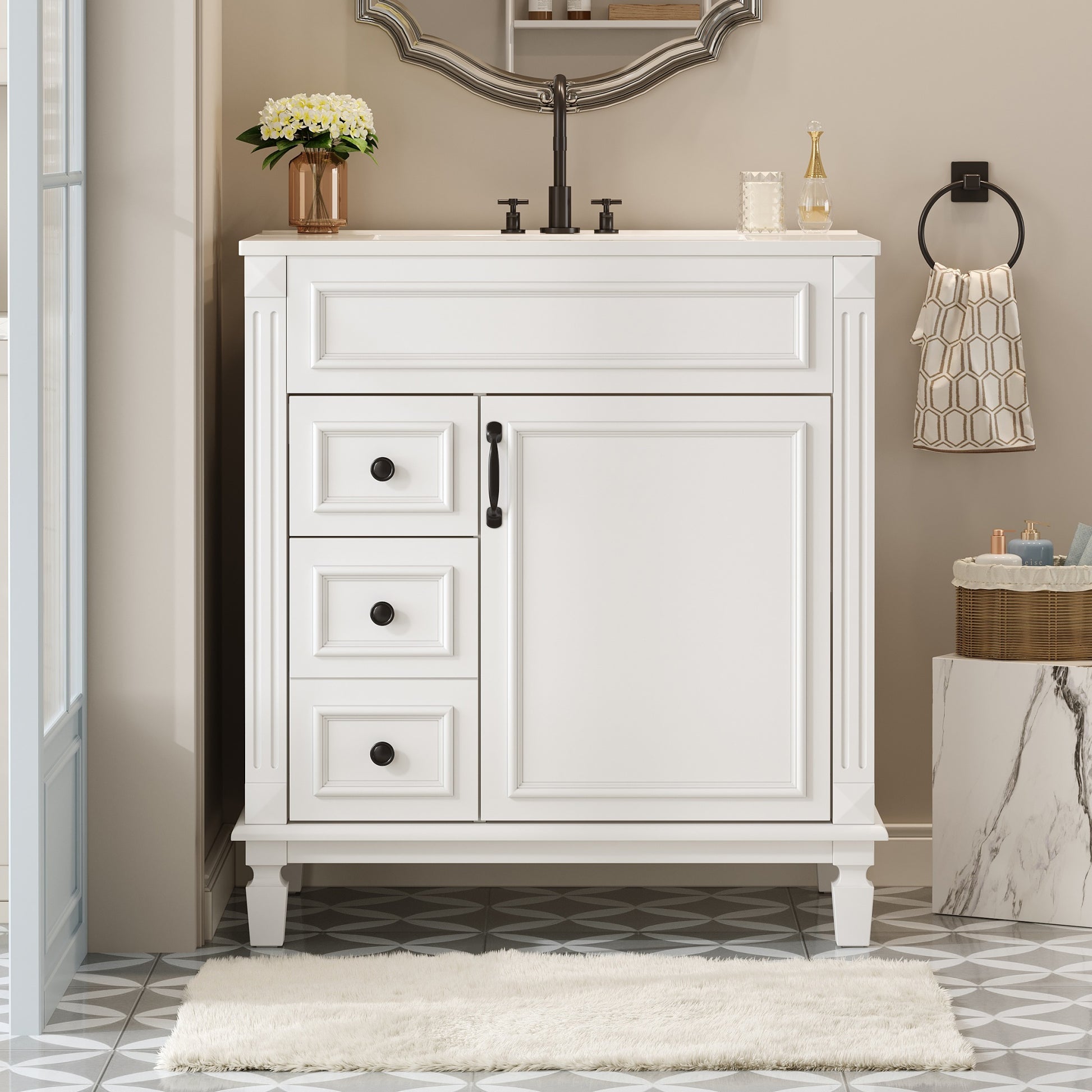 30" Bathroom Vanity with Ceramic Sink, Small Bathroom Sink Cabinet, Modern Cabinet with 2 Drawers and Adjustable Shelf