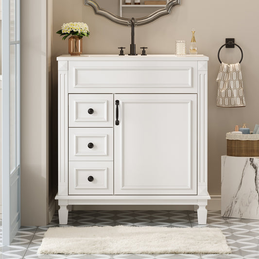 30" Bathroom Vanity with Ceramic Sink, Small Bathroom Sink Cabinet, Modern Cabinet with 2 Drawers and Adjustable Shelf