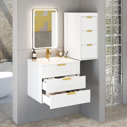 24inch Wall Mounted Floating Cabinet with Side Cabinet Combo, Rectangular Vanity, Small Bathroom Sink With Single Faucet Hole and Overflow, Modern Bathroom Cabinet with Ceramic Basin Sink