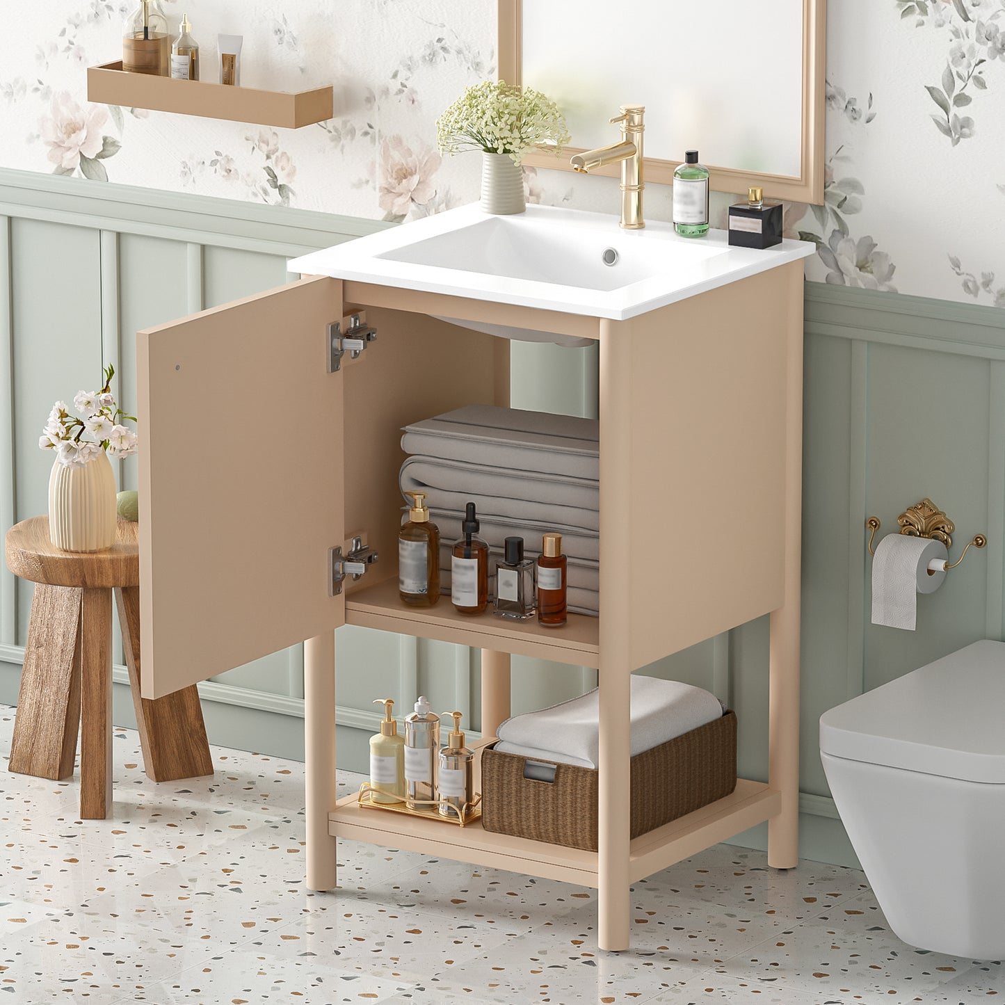 Cream White Ceramic Sink Vanity - French Style Bathroom Storage