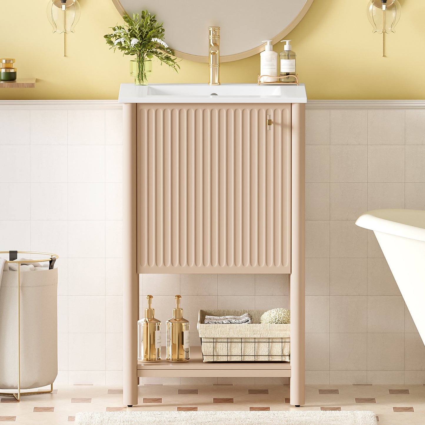 Cream White Ceramic Sink Vanity - French Style Bathroom Storage