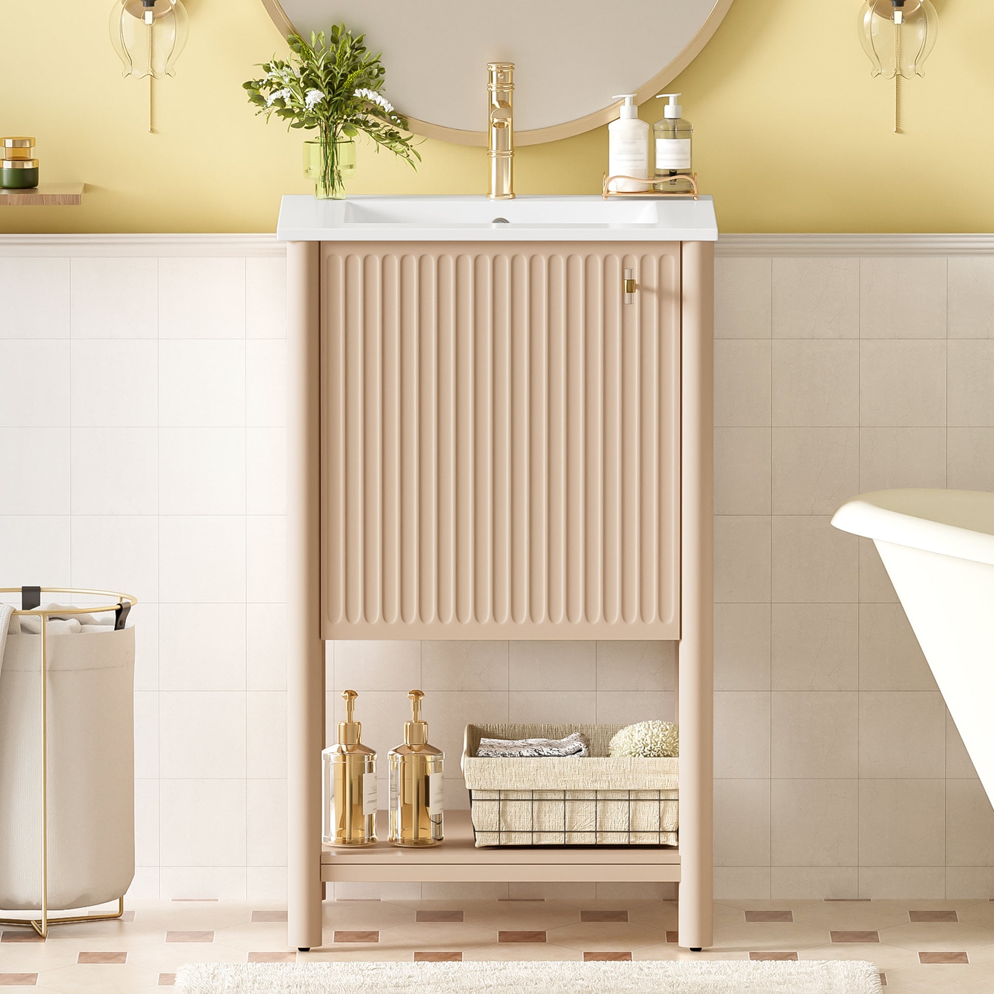 Cream White Ceramic Sink Vanity - French Style Bathroom Storage