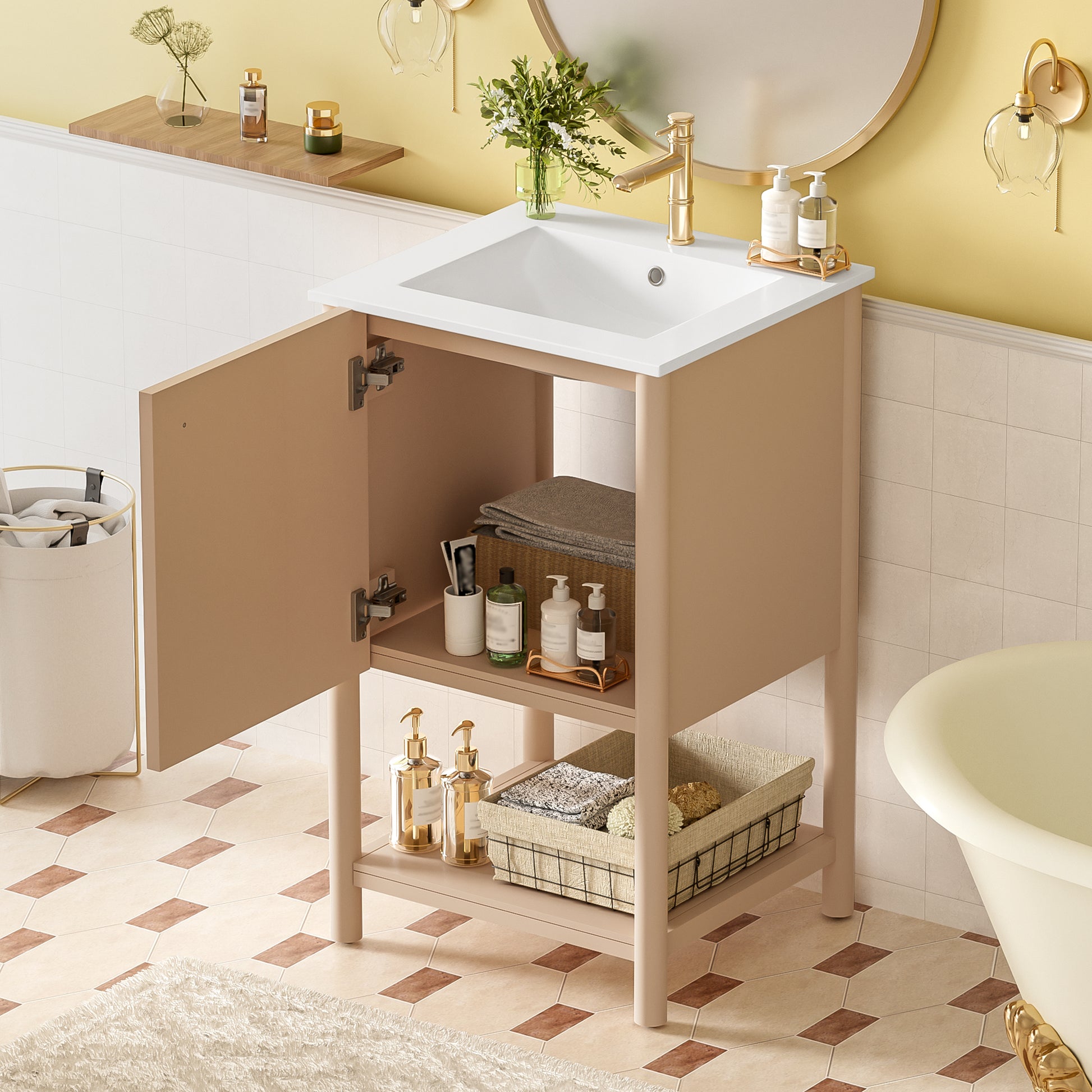 Cream White Ceramic Sink Vanity - French Style Bathroom Storage