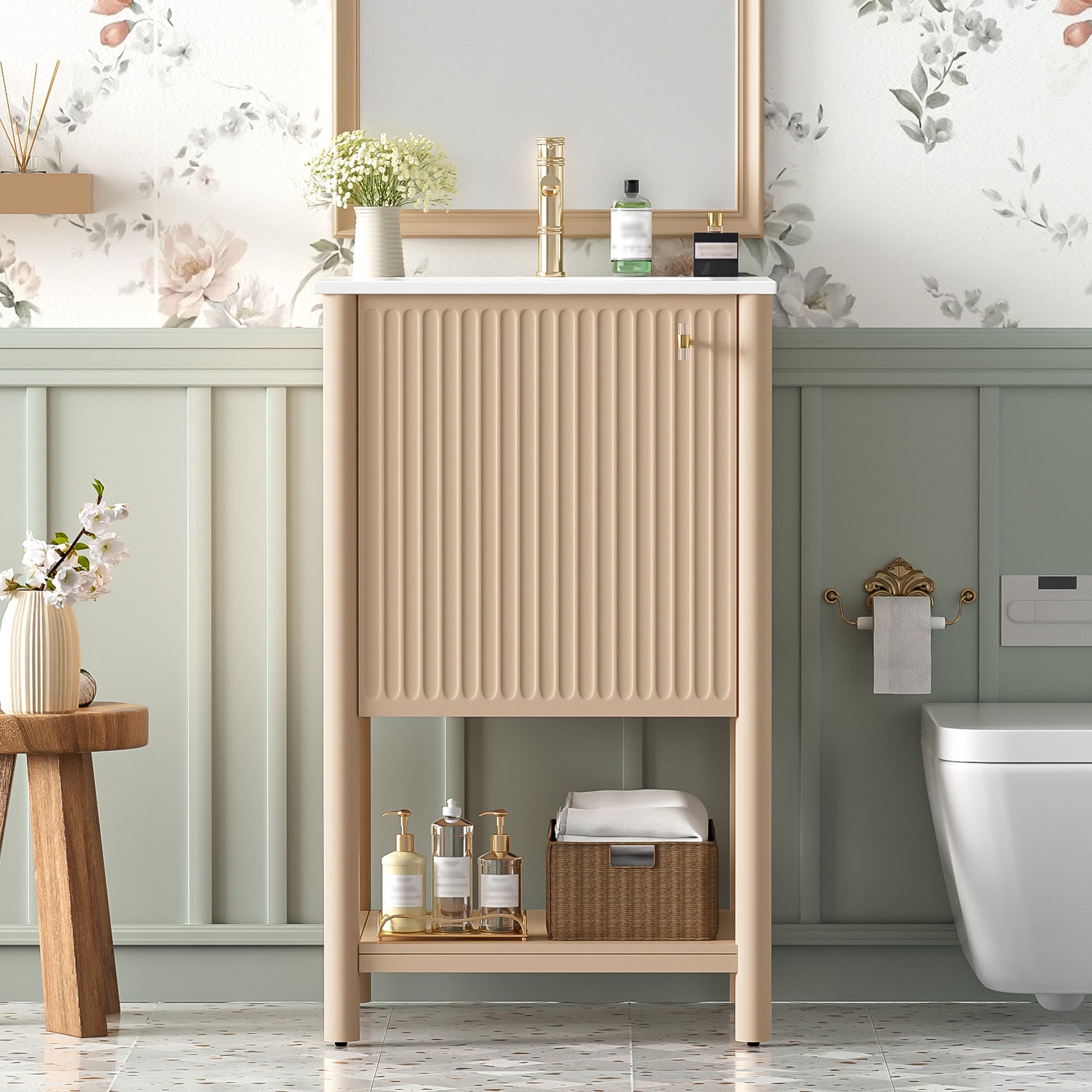 20-inch Bathroom Vanity with Ceramic Sink, Freestanding Single Vanity Set with Soft Closing Door,  French Style.