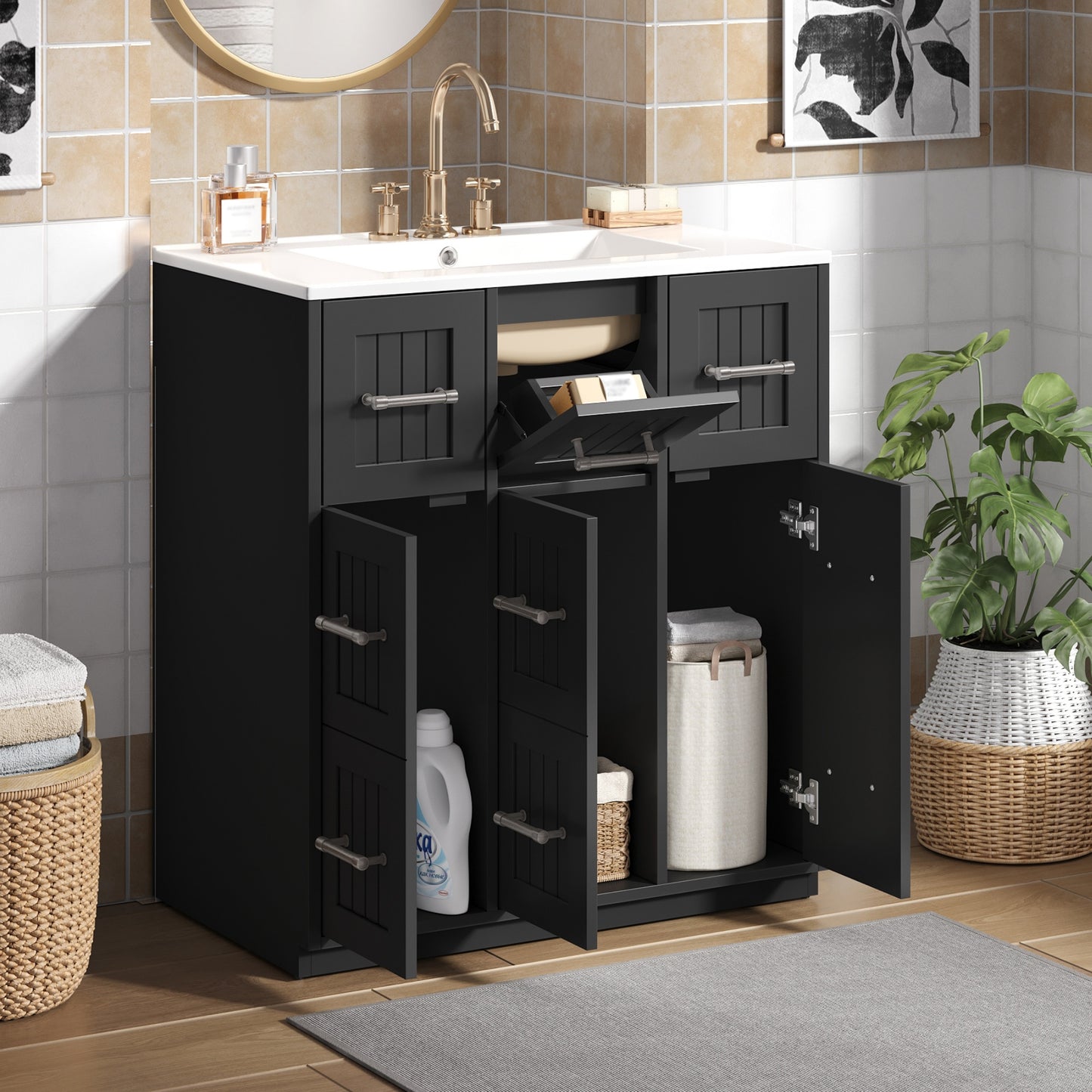30 Inch Black Bathroom Vanity - Ceramic & MDF Storage Cabinet
