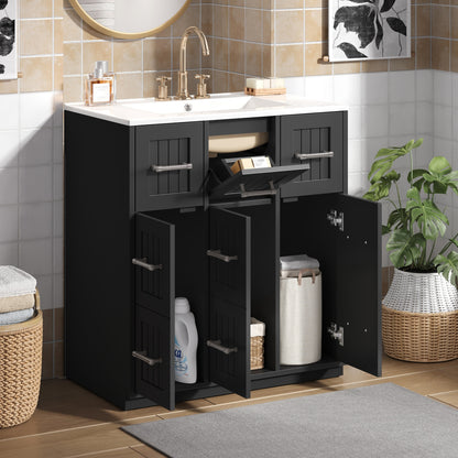 30 Inch Black Bathroom Vanity - Ceramic & MDF Storage Cabinet
