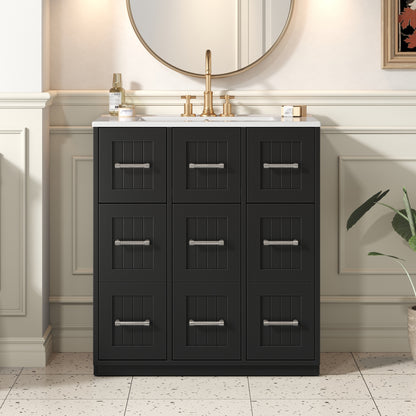 30 Inch Black Bathroom Vanity - Ceramic & MDF Storage Cabinet