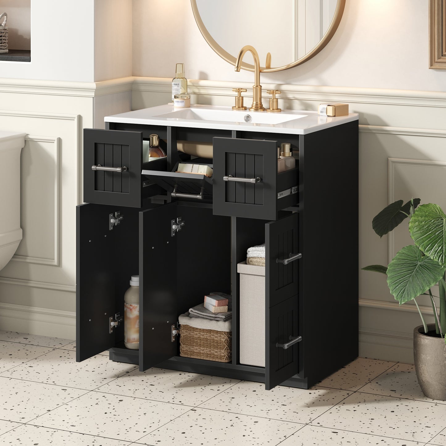 30 Inch Black Bathroom Vanity - Ceramic & MDF Storage Cabinet