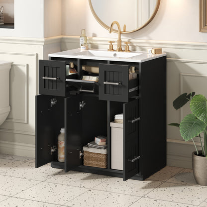 30 Inch Black Bathroom Vanity - Ceramic & MDF Storage Cabinet