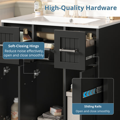 30 Inch Black Bathroom Vanity - Ceramic & MDF Storage Cabinet