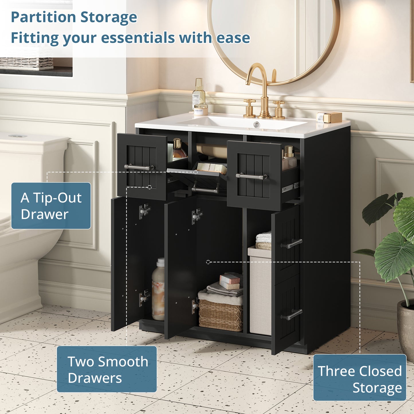 30 Inch Black Bathroom Vanity - Ceramic & MDF Storage Cabinet