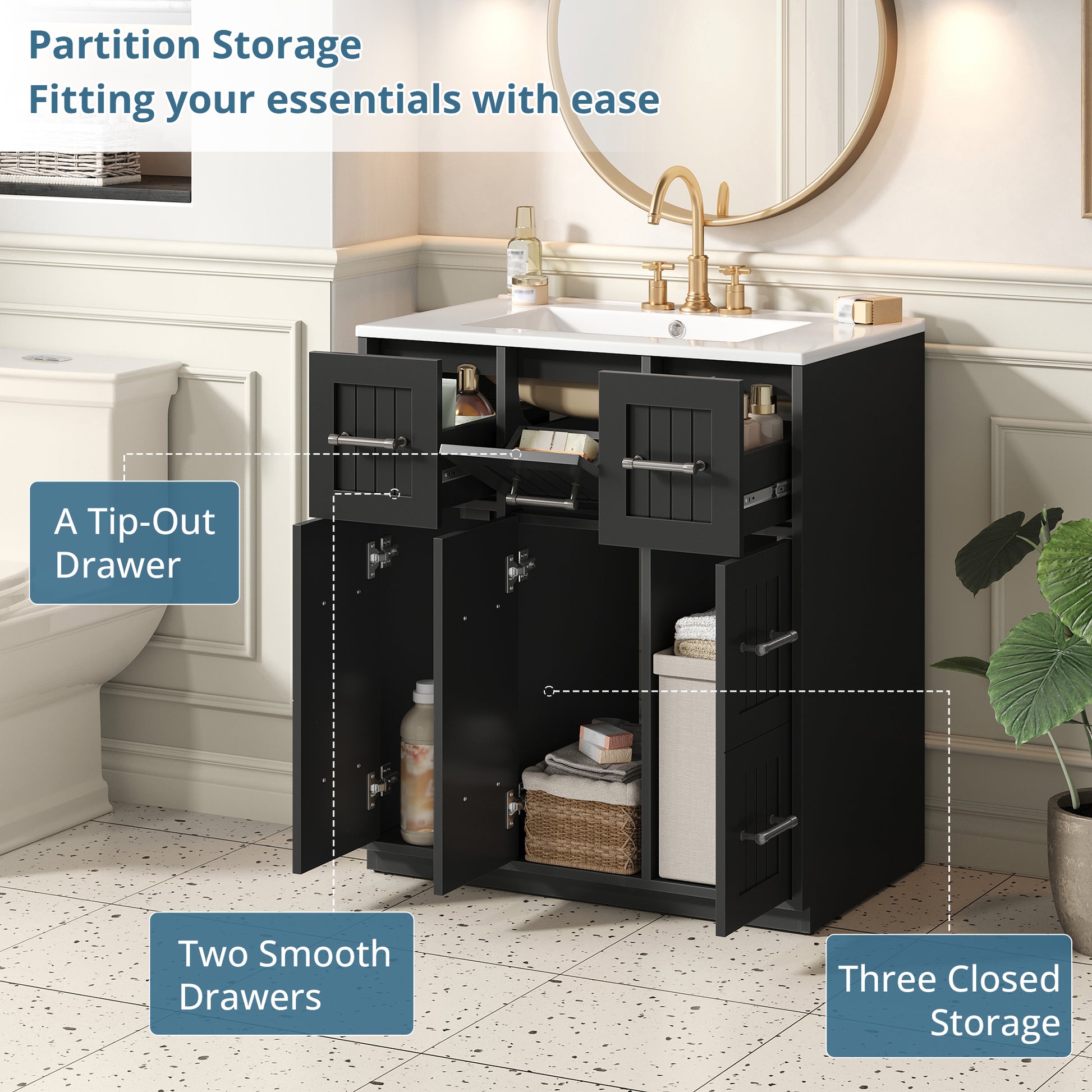 30 Inch Black Bathroom Vanity - Ceramic & MDF Storage Cabinet