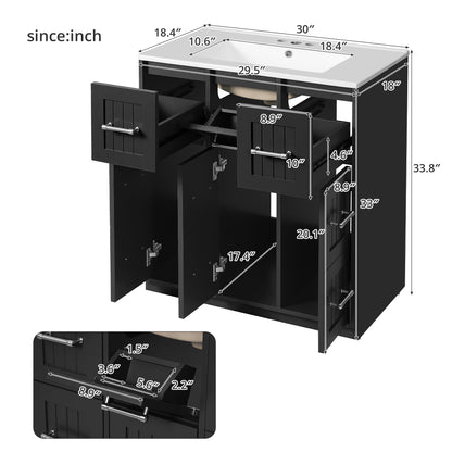 30 Inch Black Bathroom Vanity - Ceramic & MDF Storage Cabinet