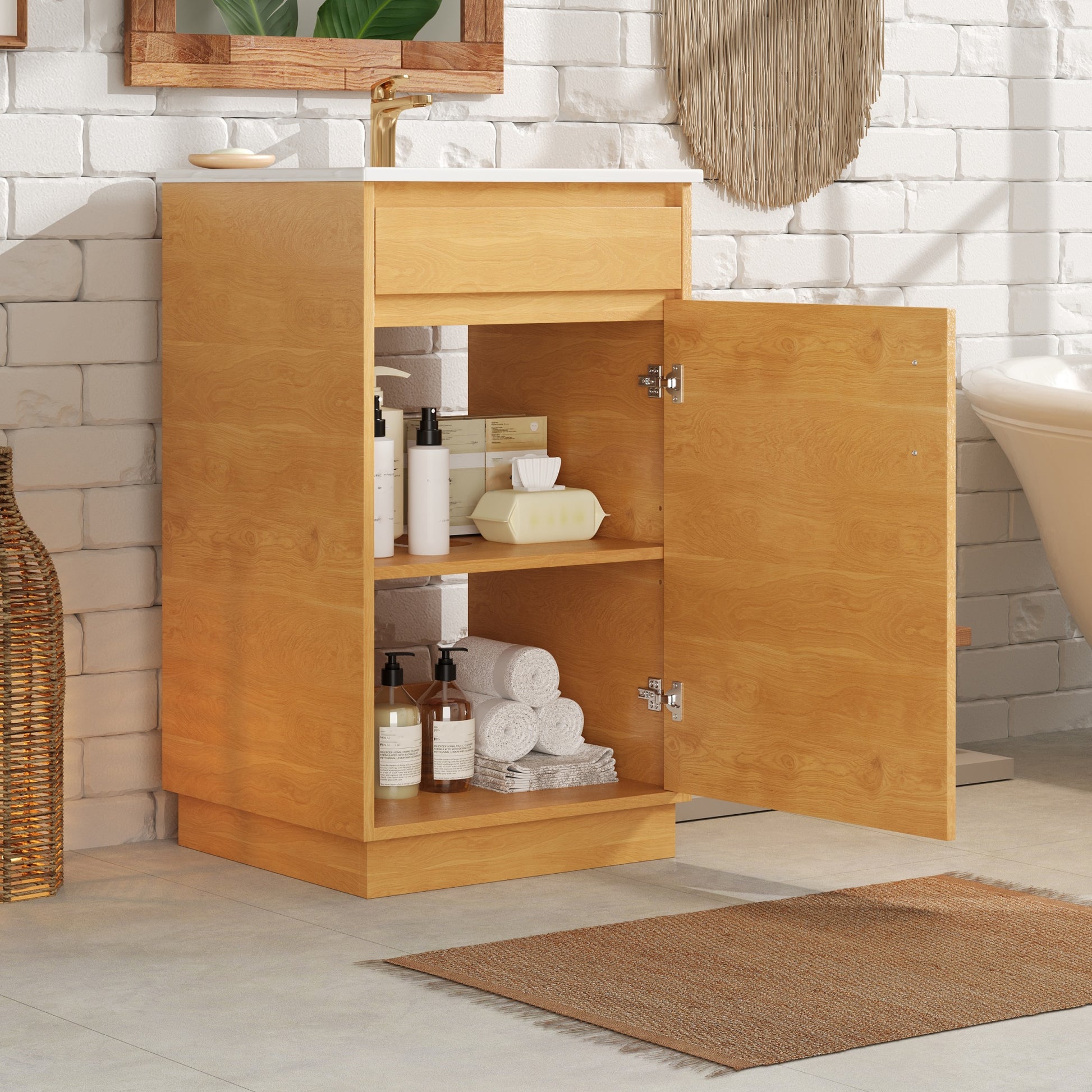 Natural Wood Bathroom Vanity - Ceramic Sink, Farmhouse Style