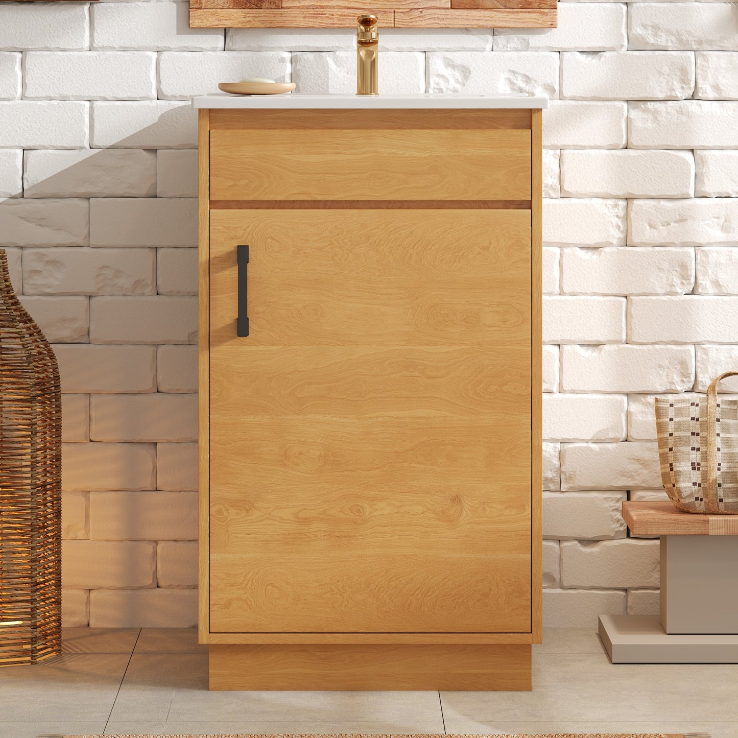 Natural Wood Bathroom Vanity - Ceramic Sink, Farmhouse Style