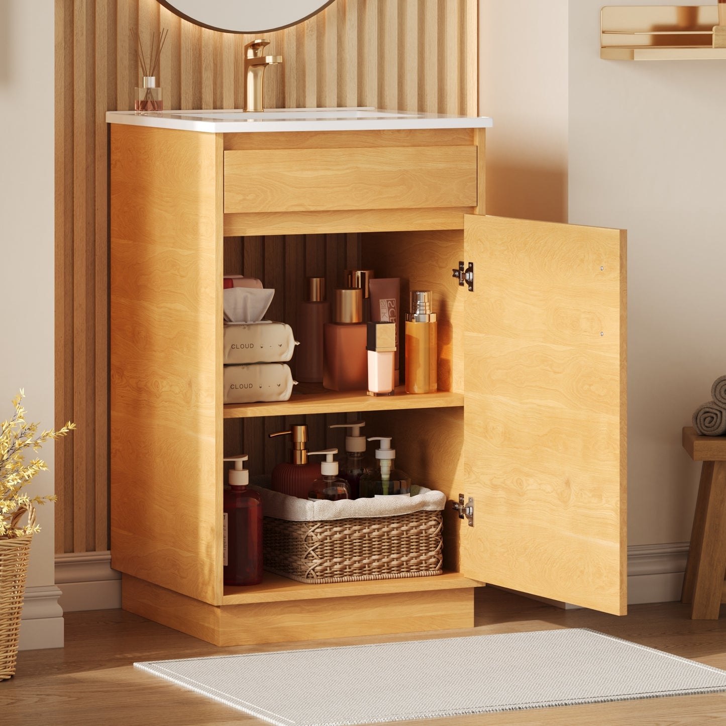 Natural Wood Bathroom Vanity - Ceramic Sink, Farmhouse Style