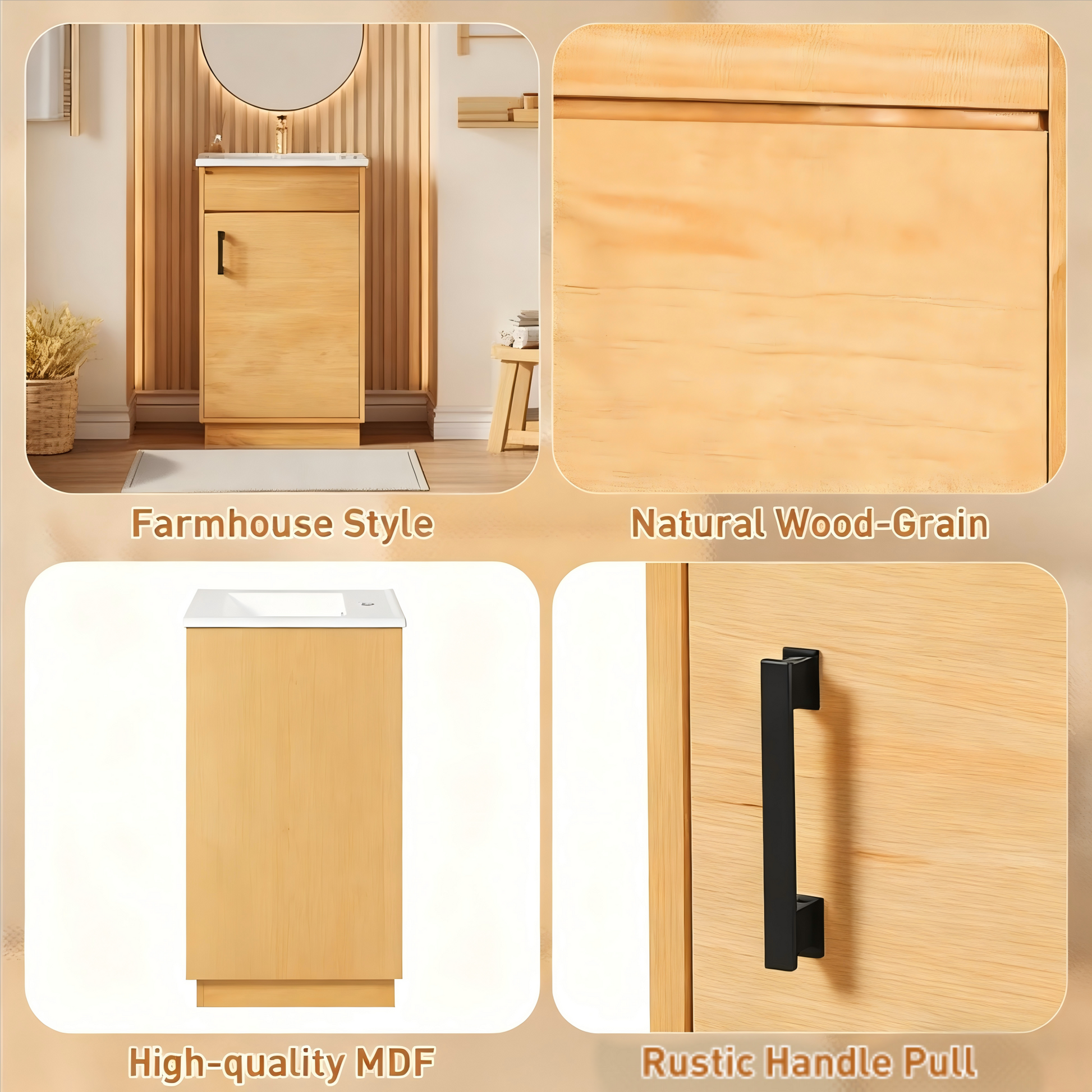 Natural Wood Bathroom Vanity - Ceramic Sink, Farmhouse Style