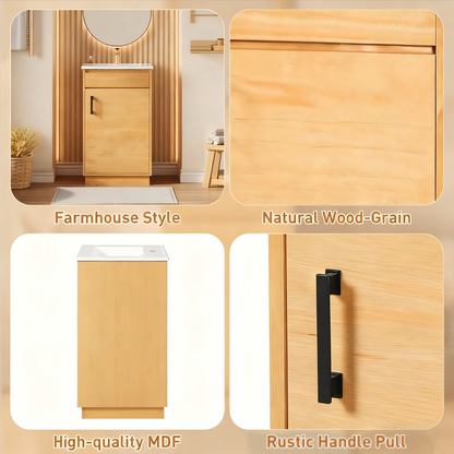 Natural Wood Bathroom Vanity - Ceramic Sink, Farmhouse Style