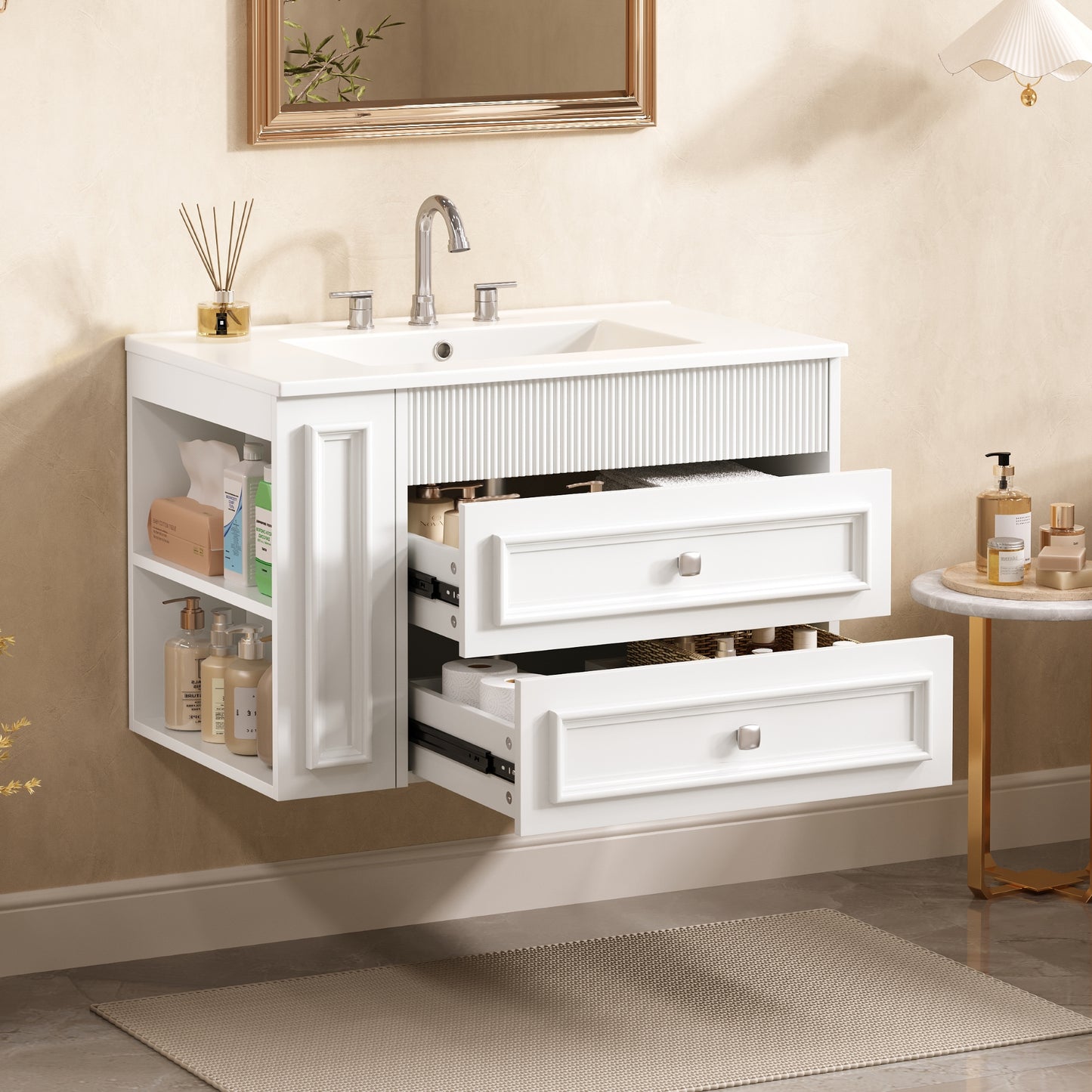 30 Inch White Bathroom Vanity - Wall Mounted Storage Cabinet