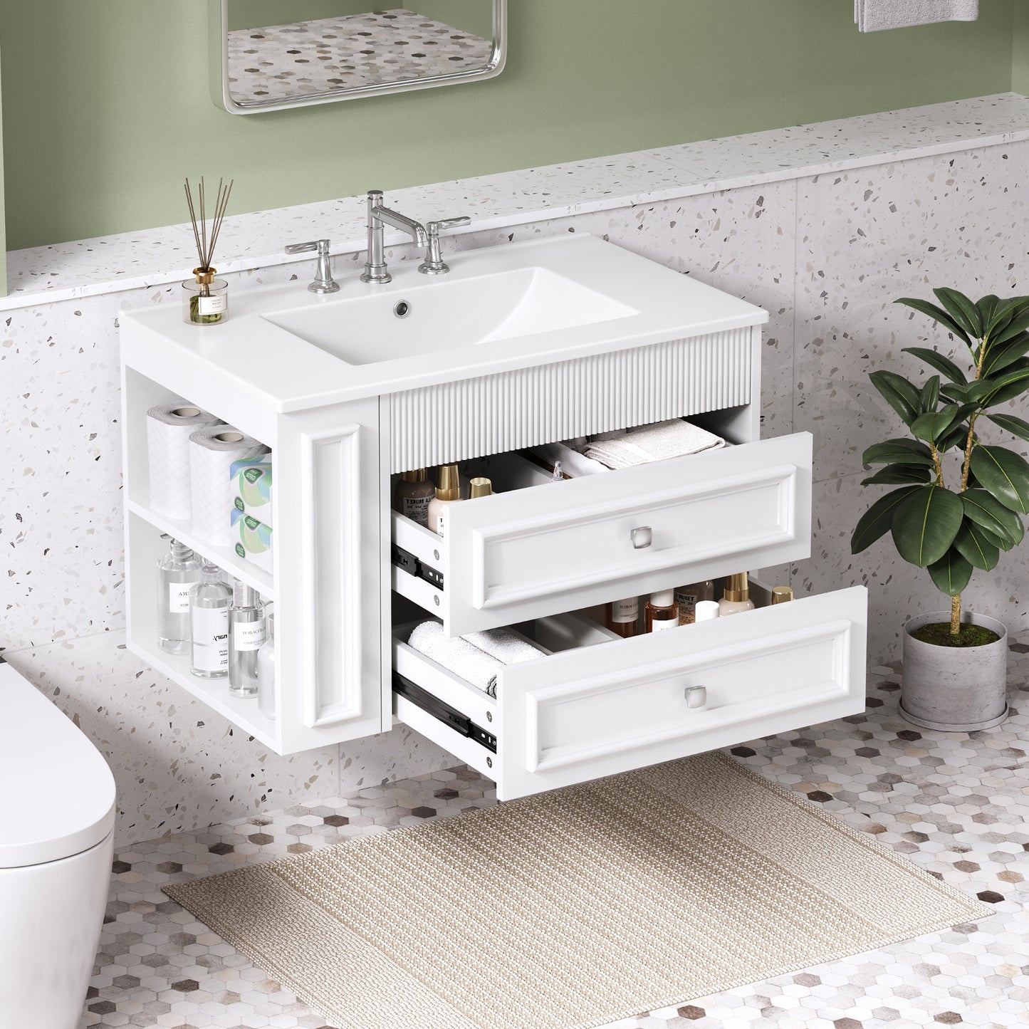 30'' Wall Mounted Bathroom Vanity, Floating Bathroom Storage Cabinet with 2 Drawers, 3 Holes Single Ceramic Sink, Modern Cabinet.
