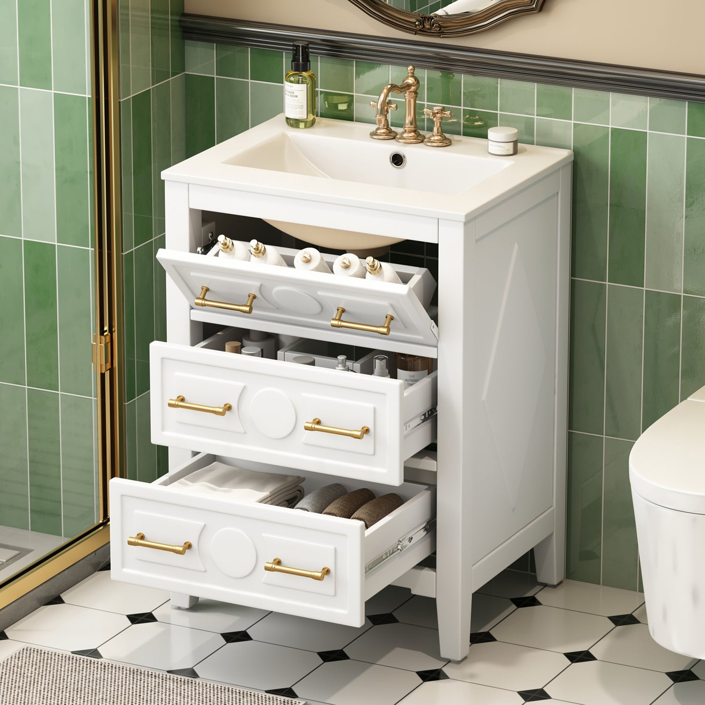 Retro White Bathroom Vanity with Solid Wood Frame Storage