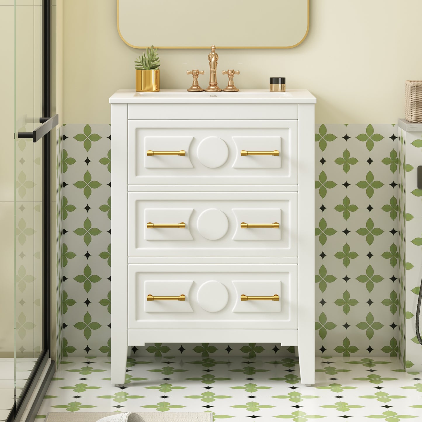 Retro White Bathroom Vanity with Solid Wood Frame Storage