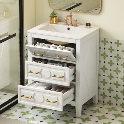 Retro White Bathroom Vanity with Solid Wood Frame Storage