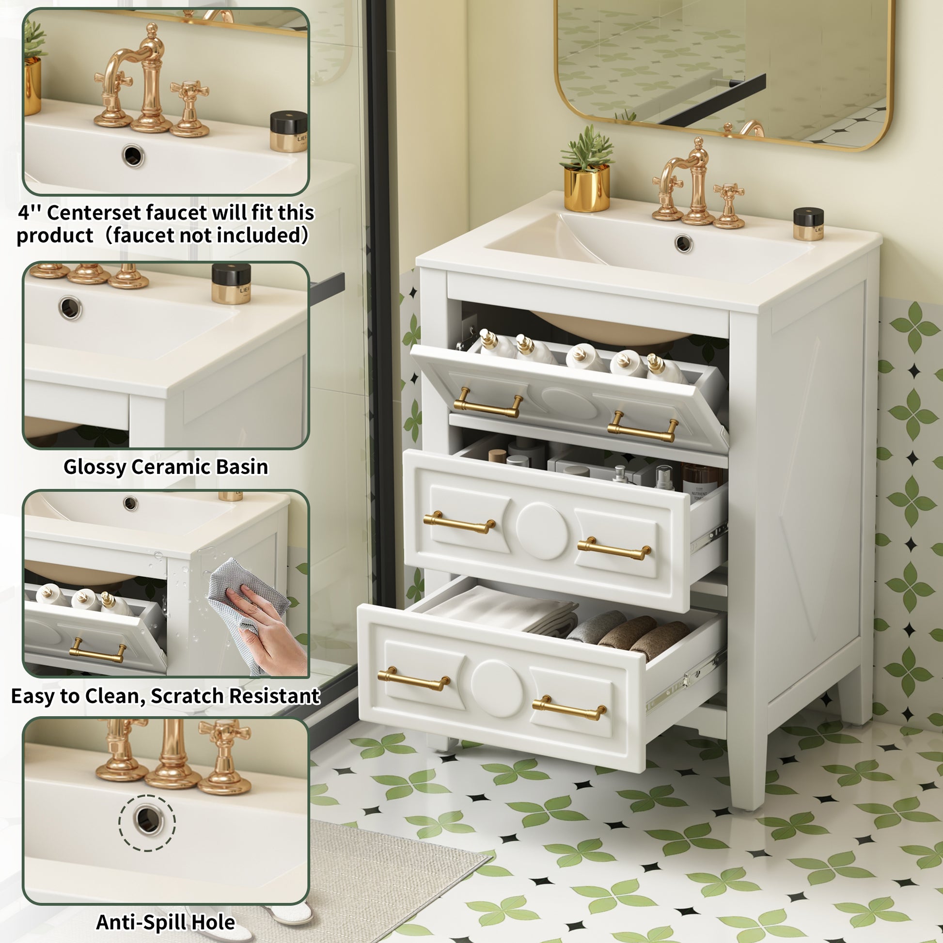 Retro White Bathroom Vanity with Solid Wood Frame Storage