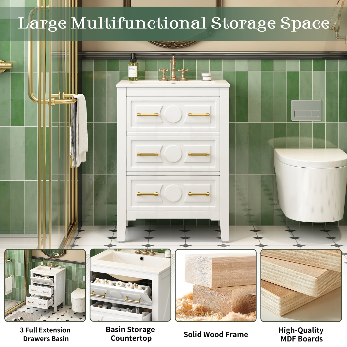 Retro White Bathroom Vanity with Solid Wood Frame Storage