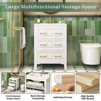Retro White Bathroom Vanity with Solid Wood Frame Storage