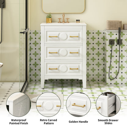 Retro White Bathroom Vanity with Solid Wood Frame Storage
